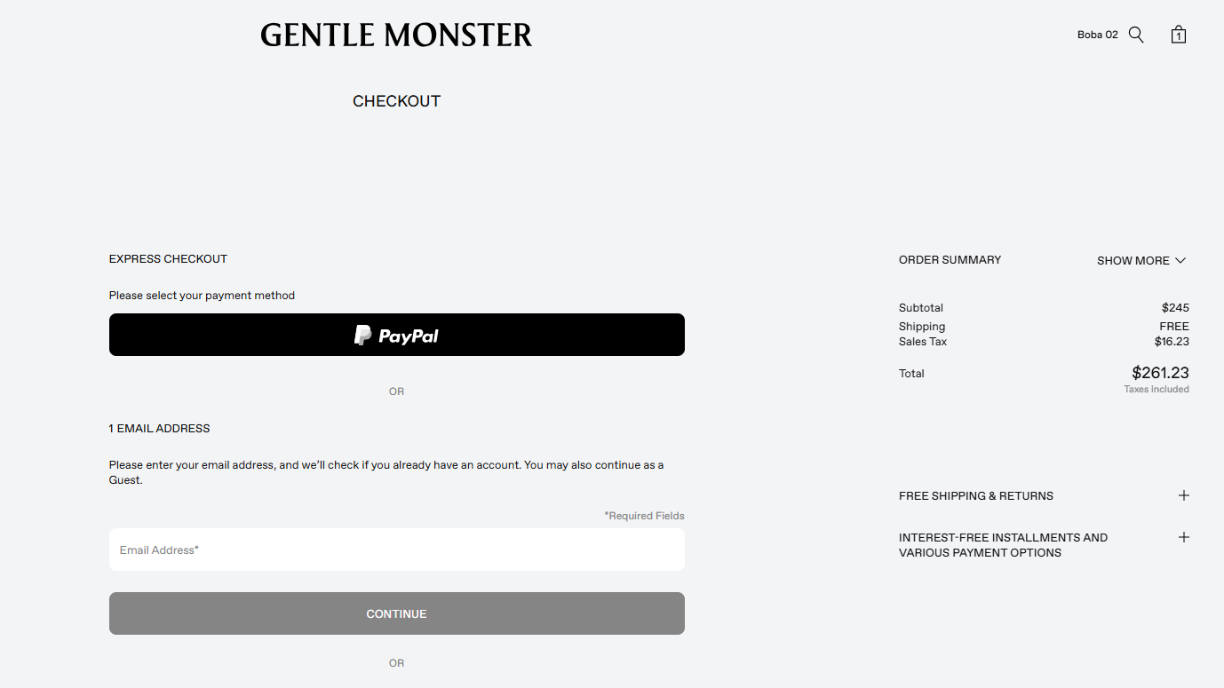 젠틀몬스터가 최근 북미 유저를 대상으로 오픈한 'Paypal Express Checkout' (사진 : 젠틀몬스터)